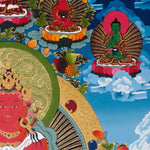 Amitayus Thangka painting with long-life vase, lotus throne, surrounding Buddhas, and Tibetan Buddhist longevity symbolism.