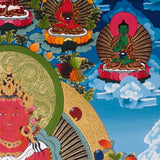 Amitayus Thangka painting with long-life vase, lotus throne, surrounding Buddhas, and Tibetan Buddhist longevity symbolism.