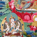 Amitayus Thangka painting with long-life vase, lotus throne, surrounding Buddhas, and Tibetan Buddhist longevity symbolism.