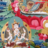Amitayus Thangka painting with long-life vase, lotus throne, surrounding Buddhas, and Tibetan Buddhist longevity symbolism.