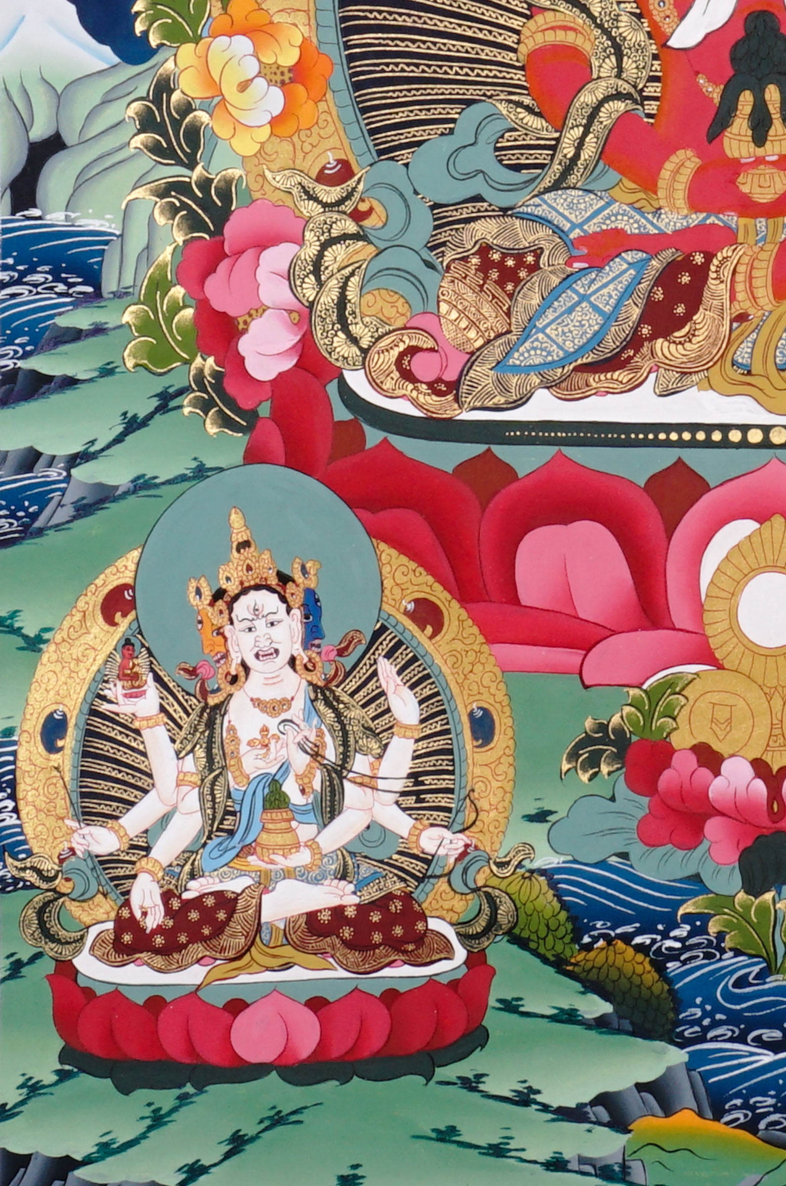 Amitayus Thangka painting with long-life vase, lotus throne, surrounding Buddhas, and Tibetan Buddhist longevity symbolism.