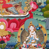 Amitayus Thangka painting with long-life vase, lotus throne, surrounding Buddhas, and Tibetan Buddhist longevity symbolism.
