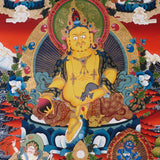 Five Zambala Thangka painting with central prosperity deity, surrounding Zambhala forms, lotus throne, and Tibetan Buddhist abundance symbolism.