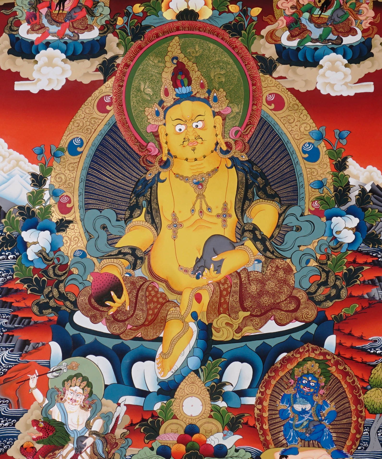 Five Zambala Thangka painting with central prosperity deity, surrounding Zambhala forms, lotus throne, and Tibetan Buddhist abundance symbolism.