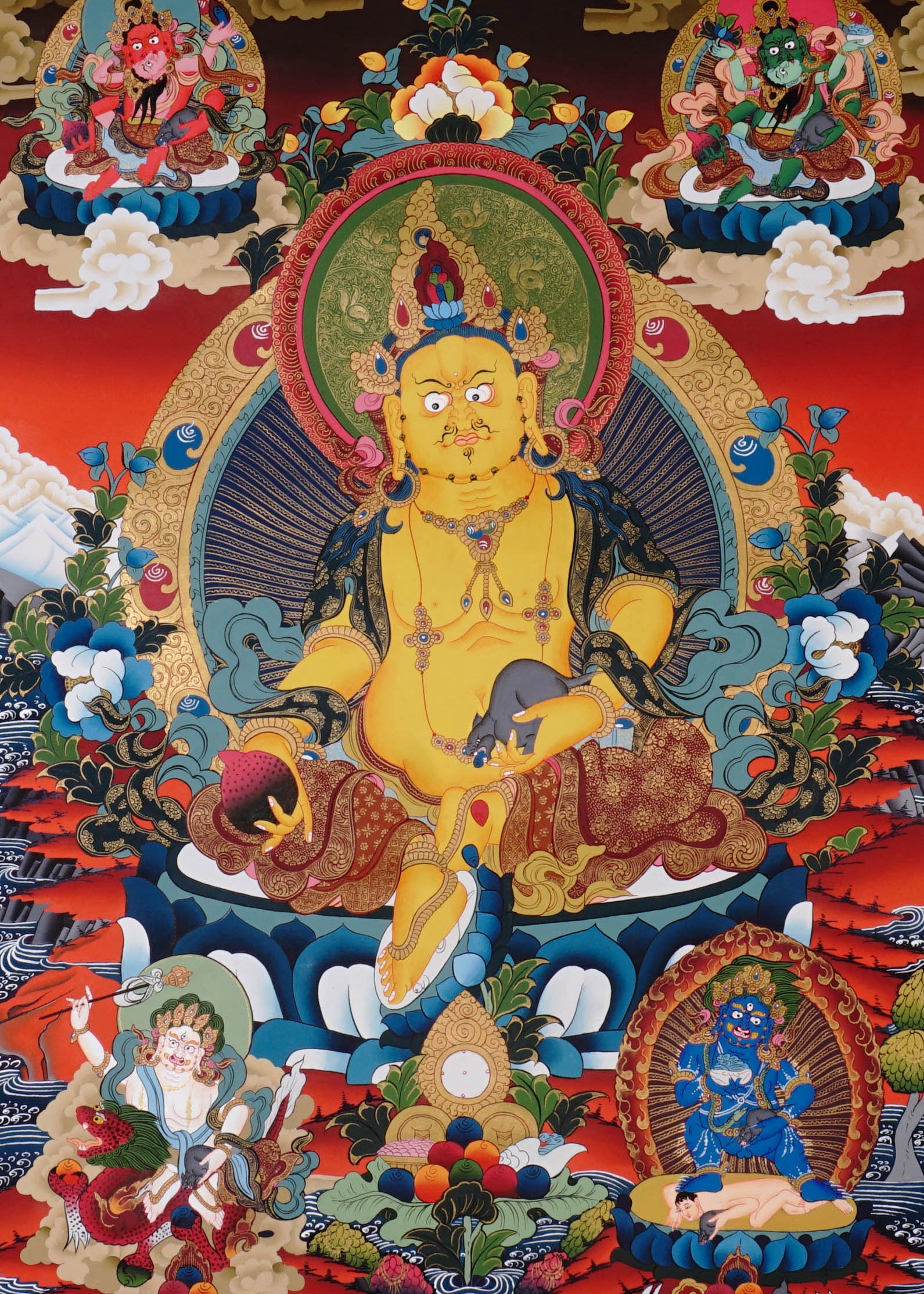 Five Zambala Thangka painting with central prosperity deity, surrounding Zambhala forms, lotus throne, and Tibetan Buddhist abundance symbolism.