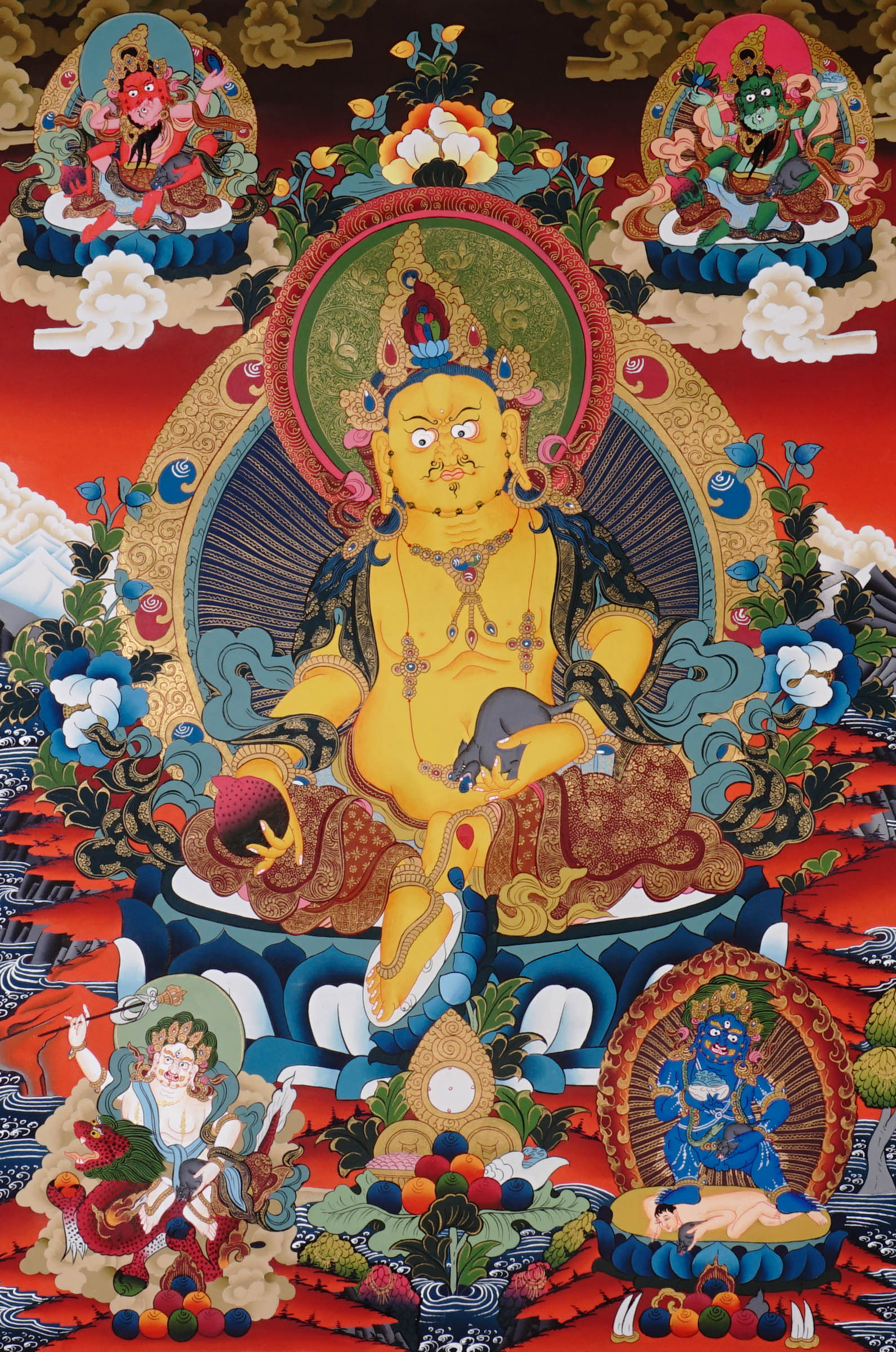 Five Zambala Thangka painting with central prosperity deity, surrounding Zambhala forms, lotus throne, and Tibetan Buddhist abundance symbolism.