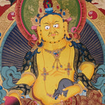 Five Zambala Thangka painting with central prosperity deity, surrounding Zambhala forms, lotus throne, and Tibetan Buddhist abundance symbolism.