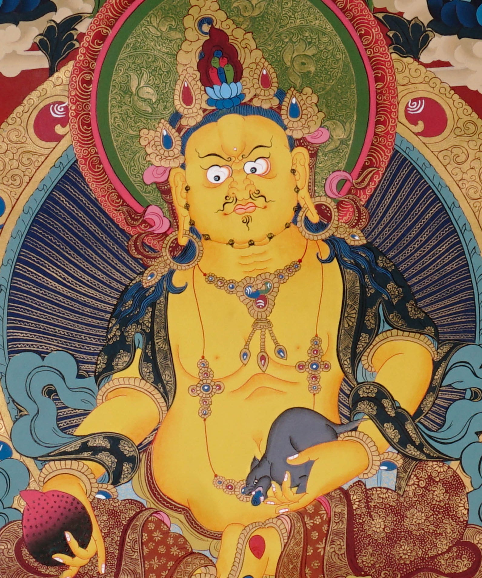Five Zambala Thangka painting with central prosperity deity, surrounding Zambhala forms, lotus throne, and Tibetan Buddhist abundance symbolism.