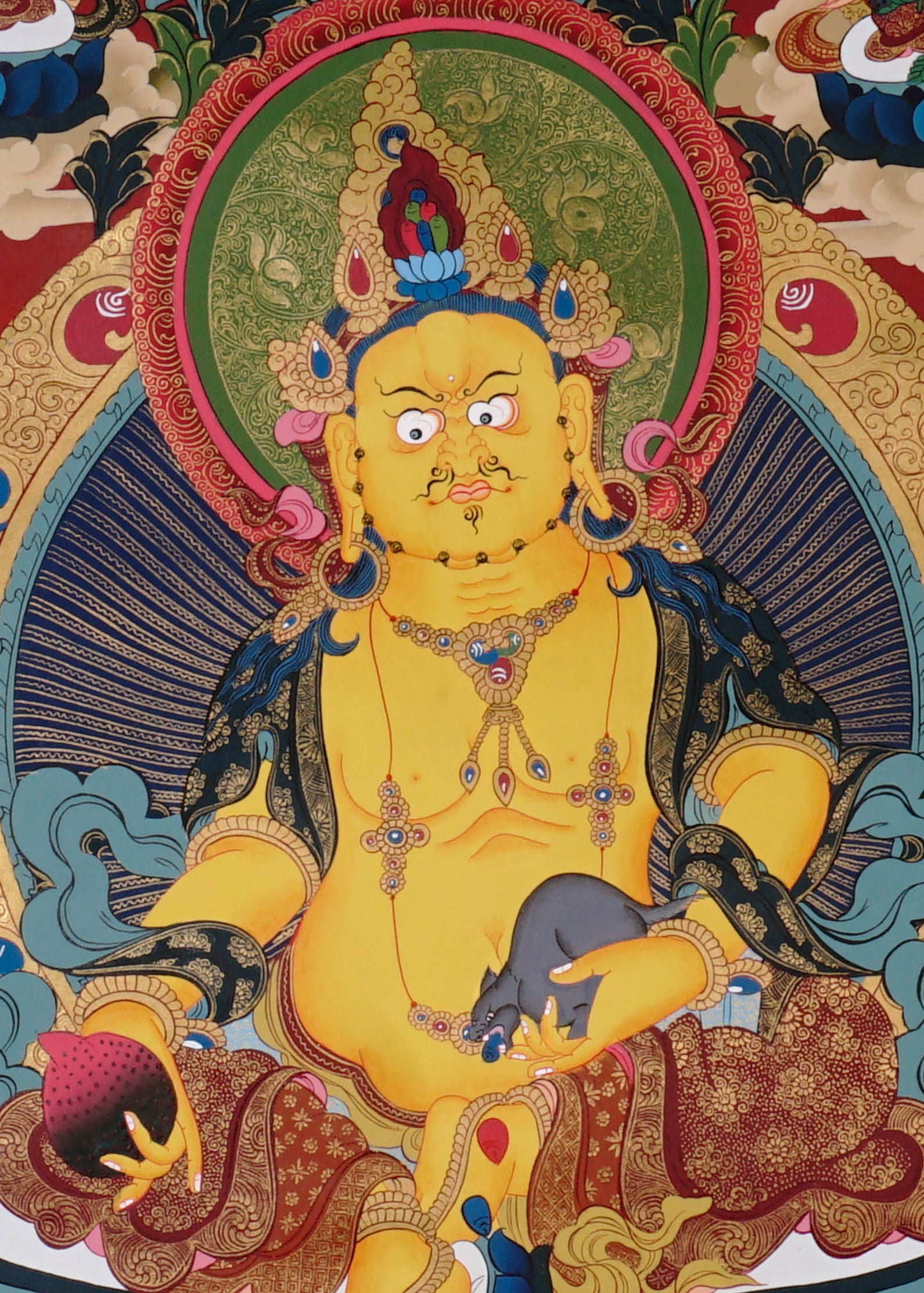 Five Zambala Thangka painting with central prosperity deity, surrounding Zambhala forms, lotus throne, and Tibetan Buddhist abundance symbolism.