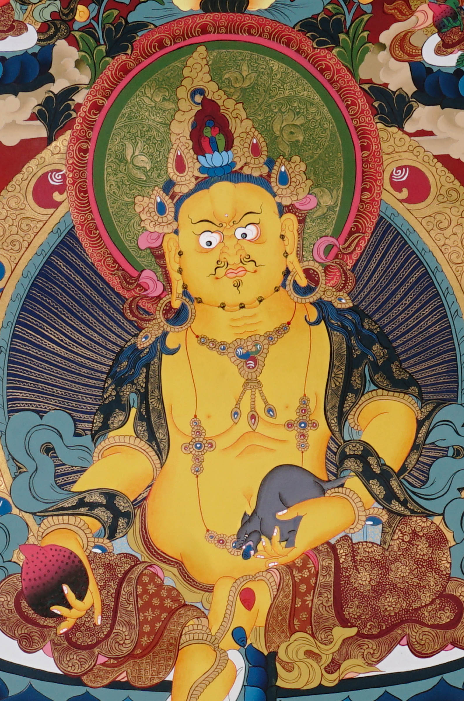 Five Zambala Thangka painting with central prosperity deity, surrounding Zambhala forms, lotus throne, and Tibetan Buddhist abundance symbolism.