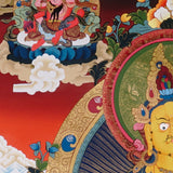 Five Zambala Thangka painting with central prosperity deity, surrounding Zambhala forms, lotus throne, and Tibetan Buddhist abundance symbolism.