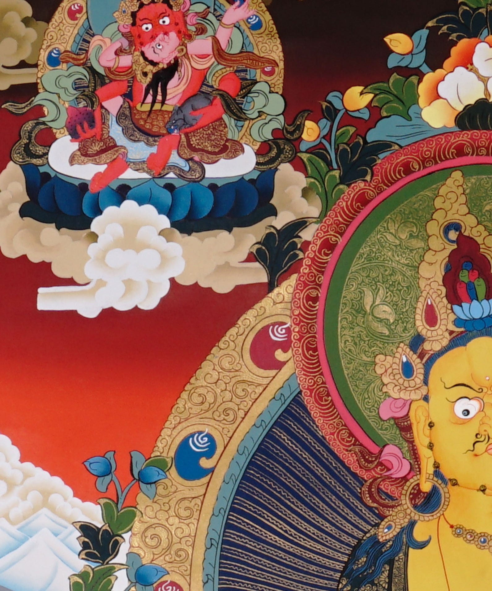 Five Zambala Thangka painting with central prosperity deity, surrounding Zambhala forms, lotus throne, and Tibetan Buddhist abundance symbolism.