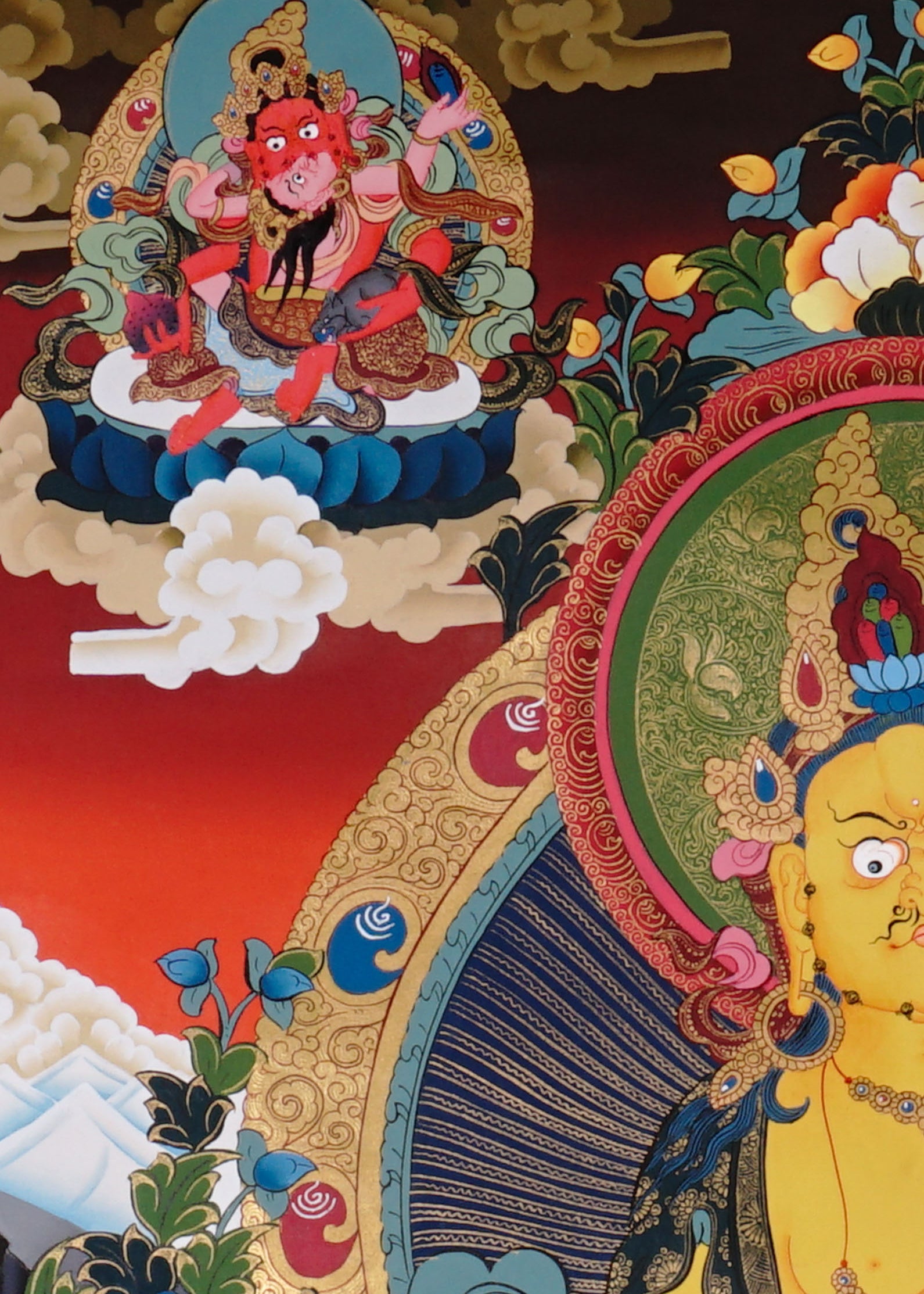 Five Zambala Thangka painting with central prosperity deity, surrounding Zambhala forms, lotus throne, and Tibetan Buddhist abundance symbolism.