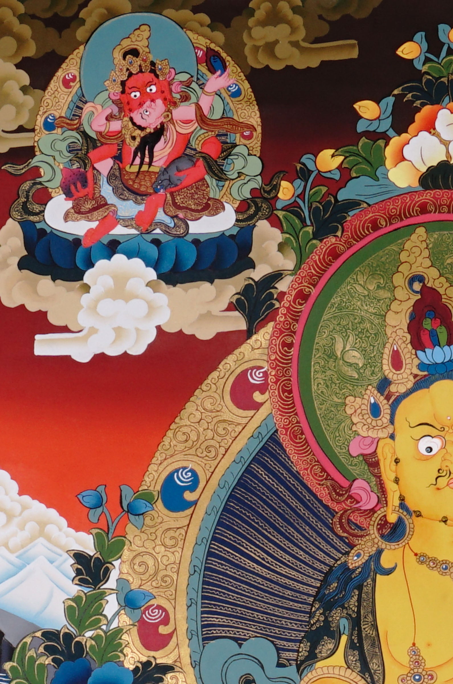 Five Zambala Thangka painting with central prosperity deity, surrounding Zambhala forms, lotus throne, and Tibetan Buddhist abundance symbolism.