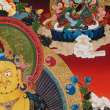 Five Zambala Thangka painting with central prosperity deity, surrounding Zambhala forms, lotus throne, and Tibetan Buddhist abundance symbolism.