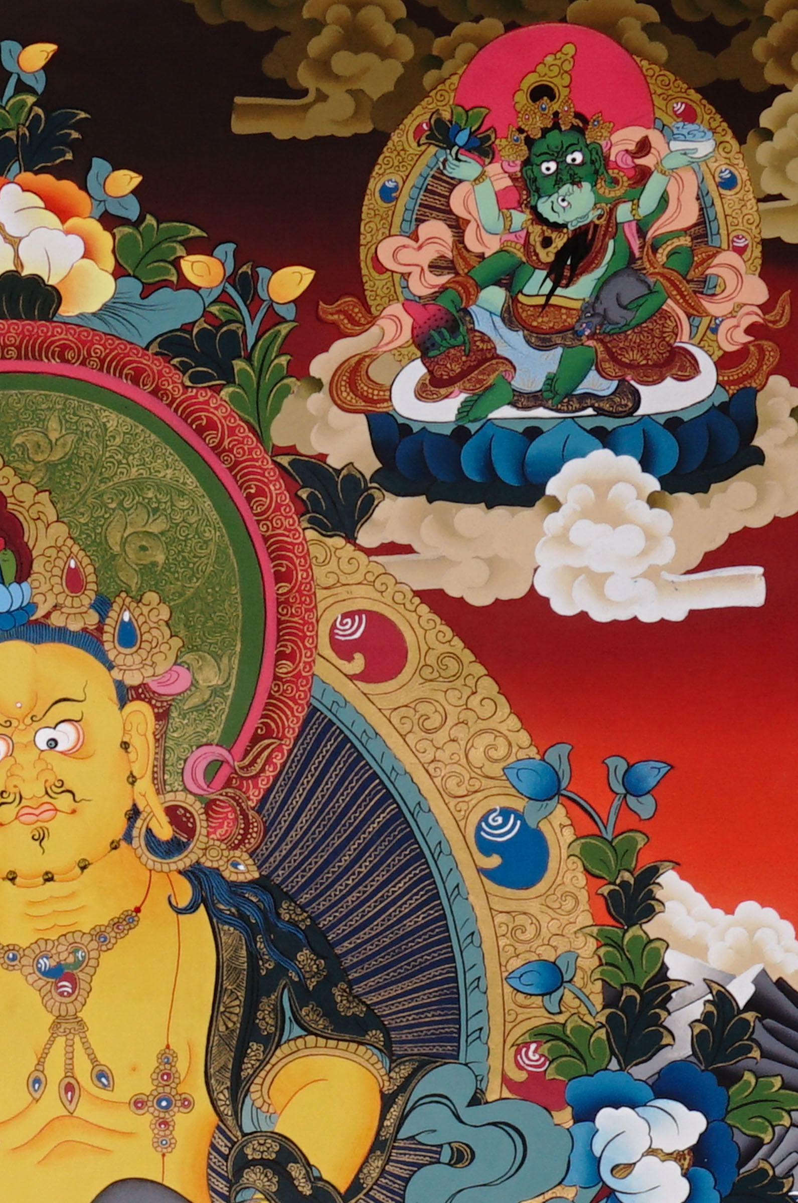 Five Zambala Thangka painting with central prosperity deity, surrounding Zambhala forms, lotus throne, and Tibetan Buddhist abundance symbolism.