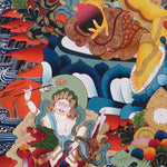 Five Zambala Thangka painting with central prosperity deity, surrounding Zambhala forms, lotus throne, and Tibetan Buddhist abundance symbolism.