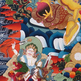 Five Zambala Thangka painting with central prosperity deity, surrounding Zambhala forms, lotus throne, and Tibetan Buddhist abundance symbolism.