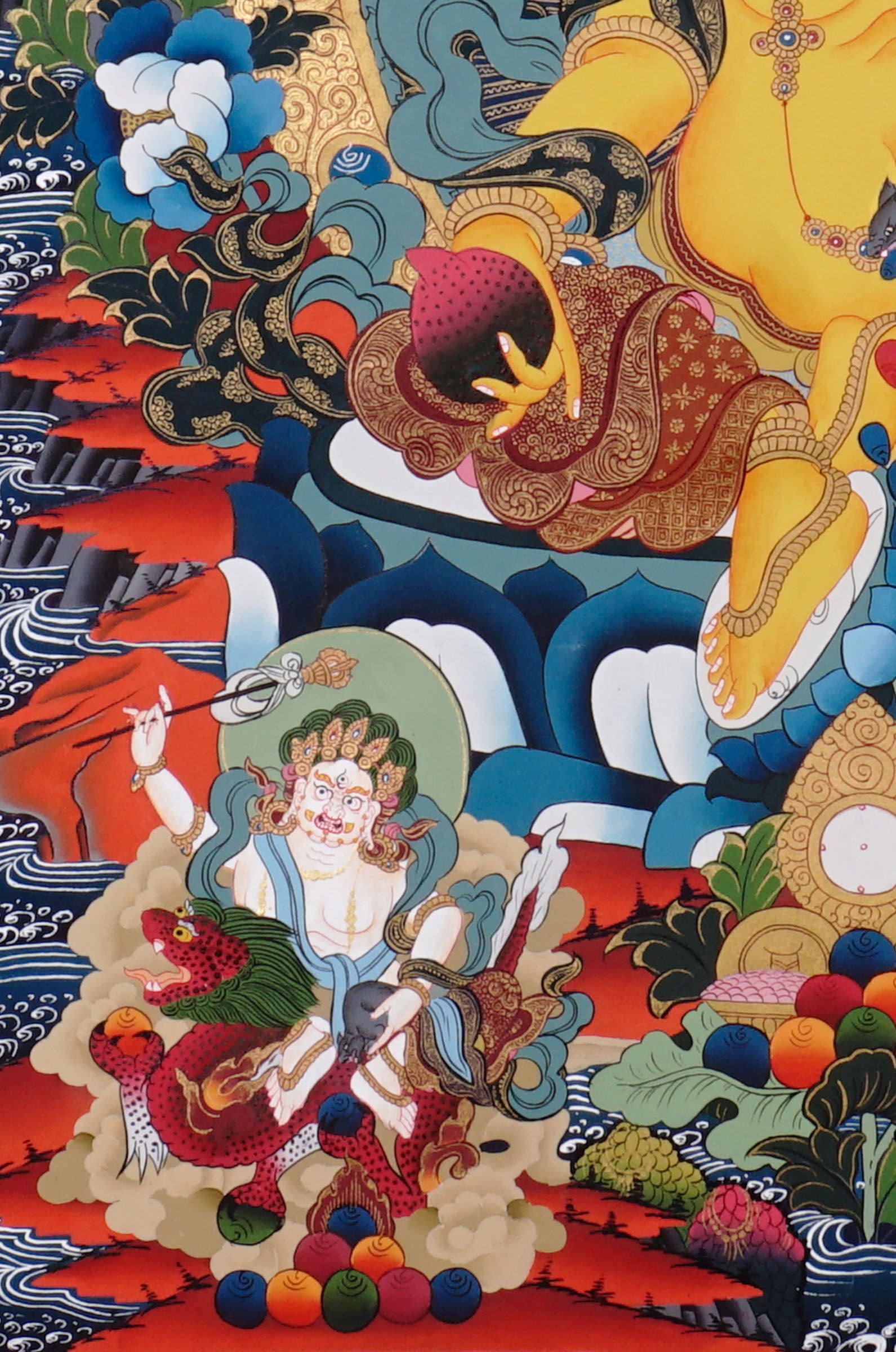 Five Zambala Thangka painting with central prosperity deity, surrounding Zambhala forms, lotus throne, and Tibetan Buddhist abundance symbolism.