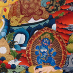 Five Zambala Thangka painting with central prosperity deity, surrounding Zambhala forms, lotus throne, and Tibetan Buddhist abundance symbolism.