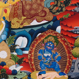 Five Zambala Thangka painting with central prosperity deity, surrounding Zambhala forms, lotus throne, and Tibetan Buddhist abundance symbolism.