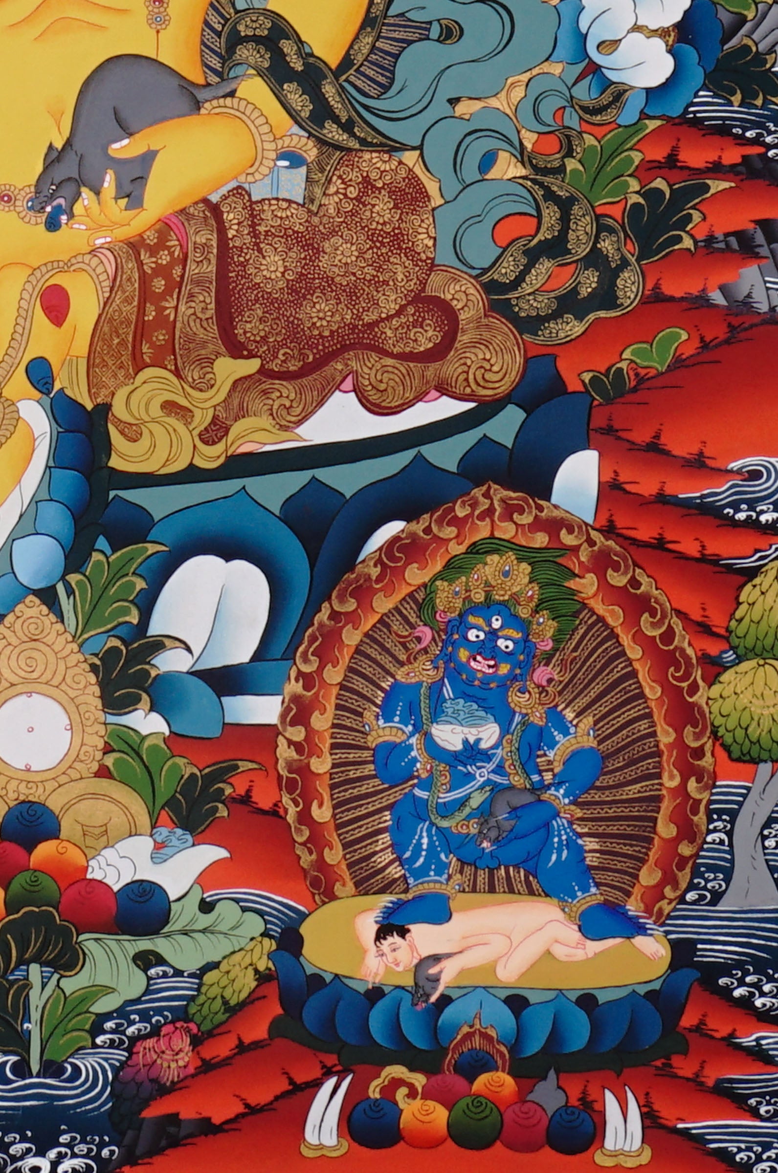 Five Zambala Thangka painting with central prosperity deity, surrounding Zambhala forms, lotus throne, and Tibetan Buddhist abundance symbolism.