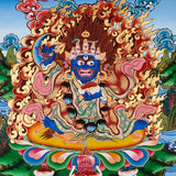 Mahakala Thangka painting with flame halo, lotus base, skull ornaments, and Tibetan Buddhist protector symbolism.