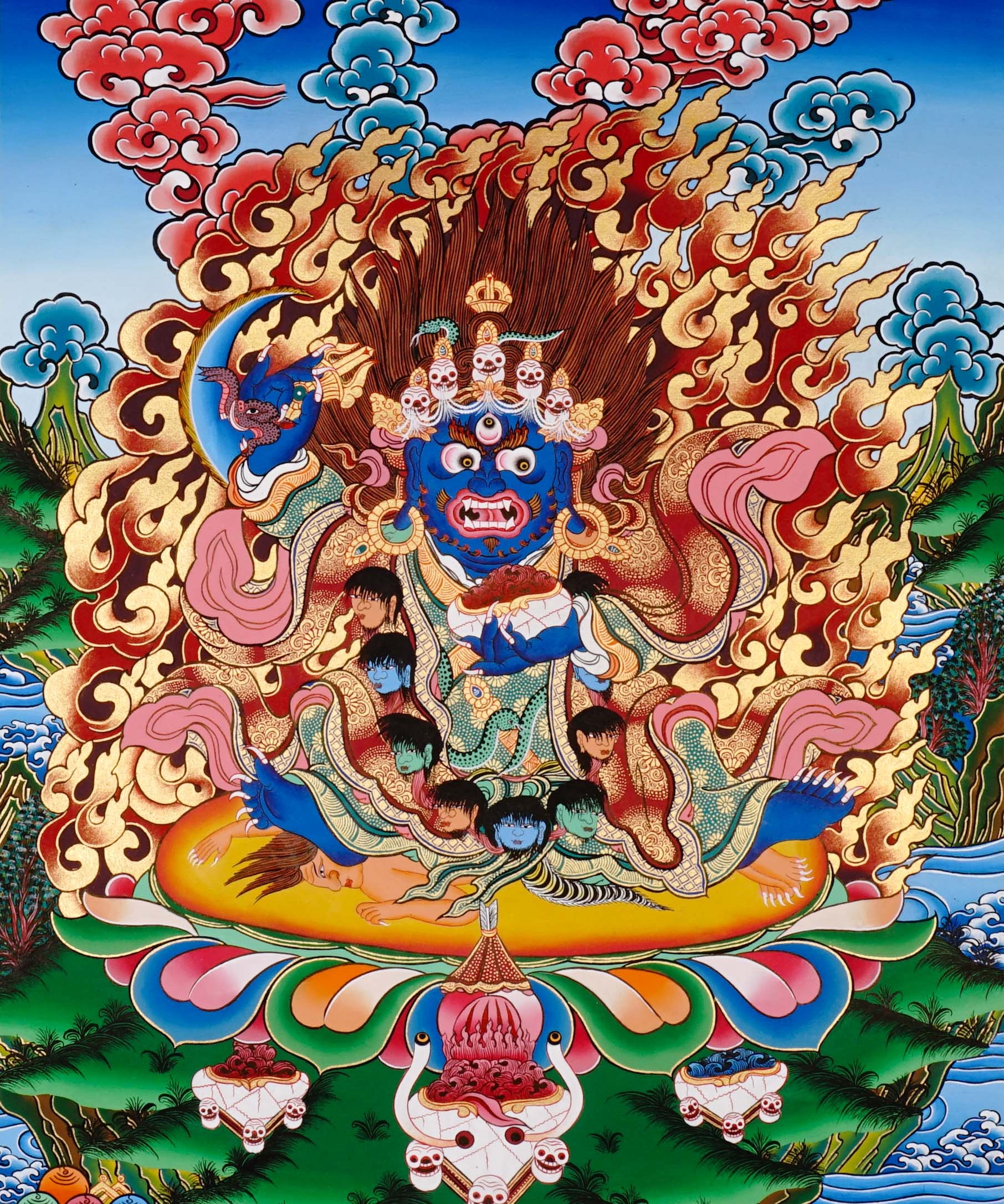 Mahakala Thangka painting with flame halo, lotus base, skull ornaments, and Tibetan Buddhist protector symbolism.