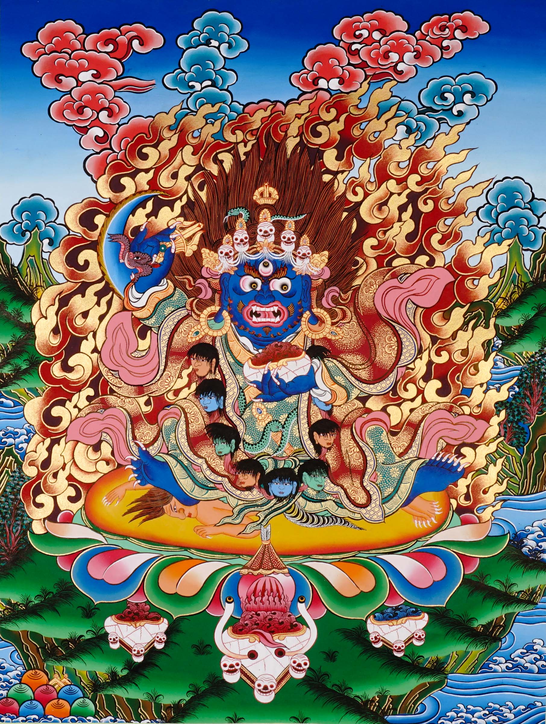 Mahakala Thangka painting with flame halo, lotus base, skull ornaments, and Tibetan Buddhist protector symbolism.