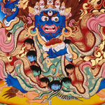 Mahakala Thangka painting with flame halo, lotus base, skull ornaments, and Tibetan Buddhist protector symbolism.