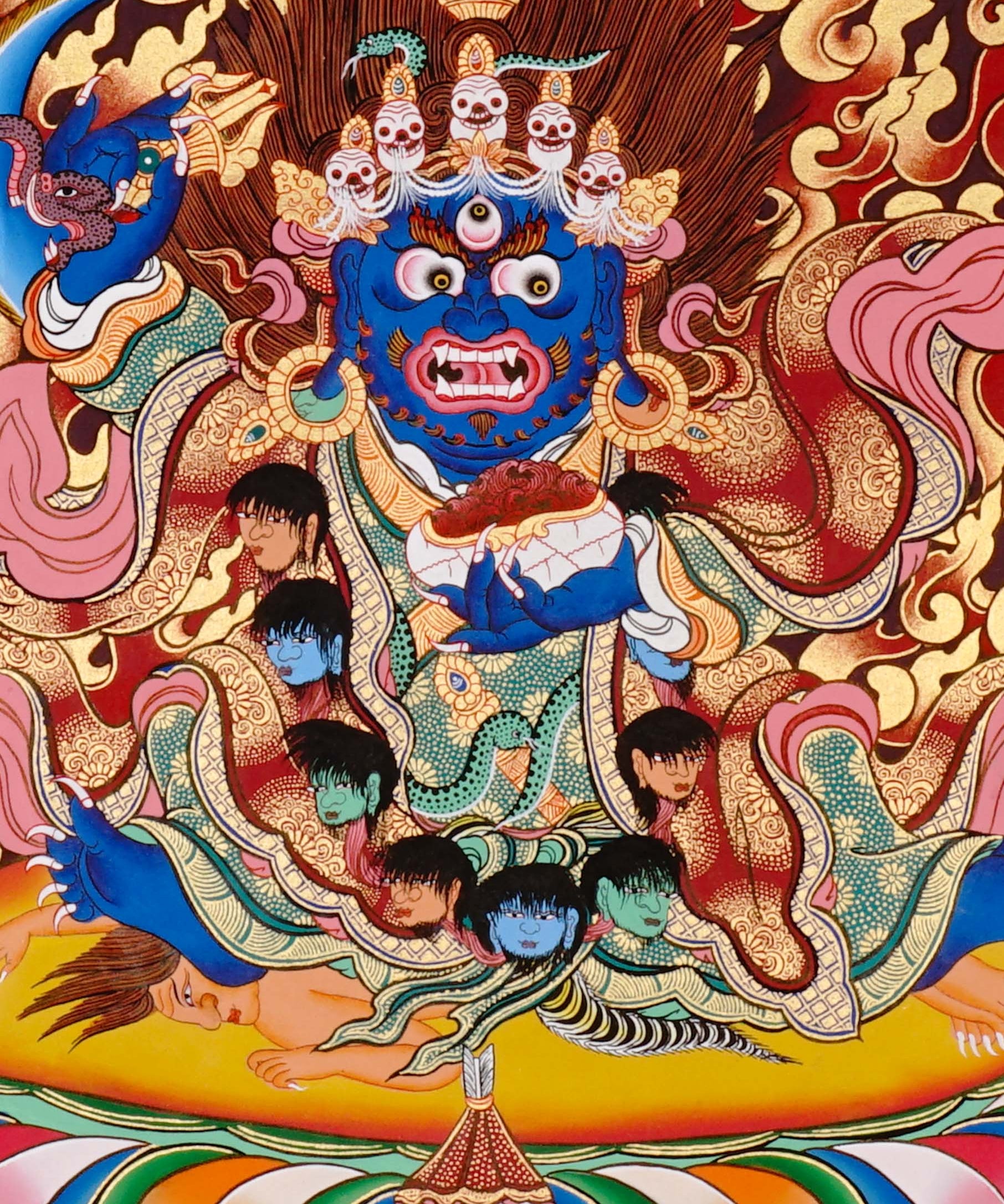Mahakala Thangka painting with flame halo, lotus base, skull ornaments, and Tibetan Buddhist protector symbolism.