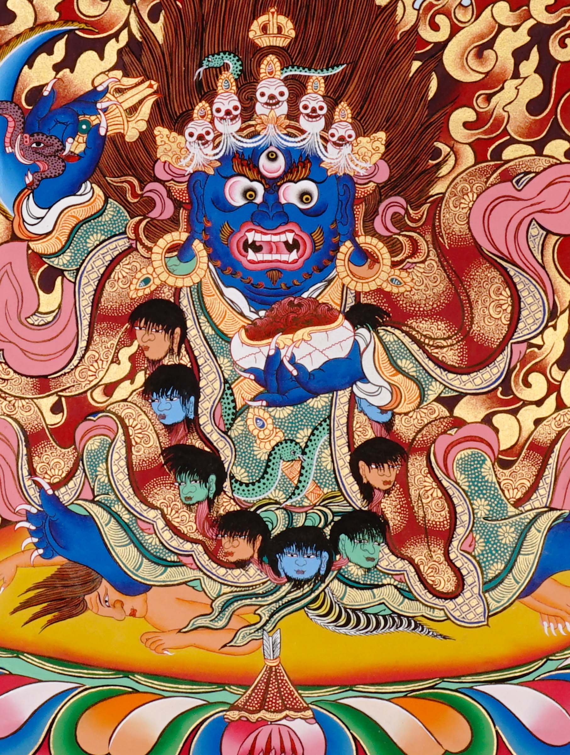 Mahakala Thangka painting with flame halo, lotus base, skull ornaments, and Tibetan Buddhist protector symbolism.