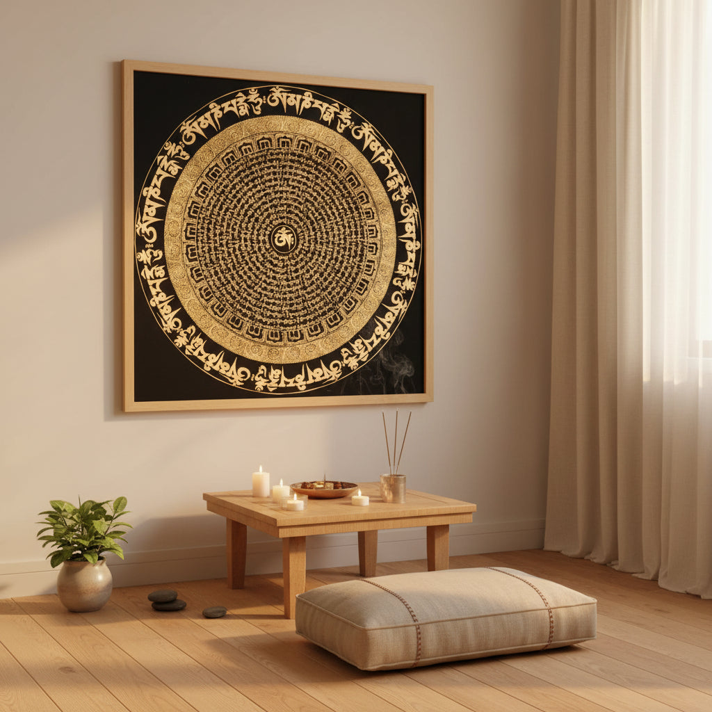 Om Mandala Thangka with Tibetan Aum symbol and sacred mantra design on black background.