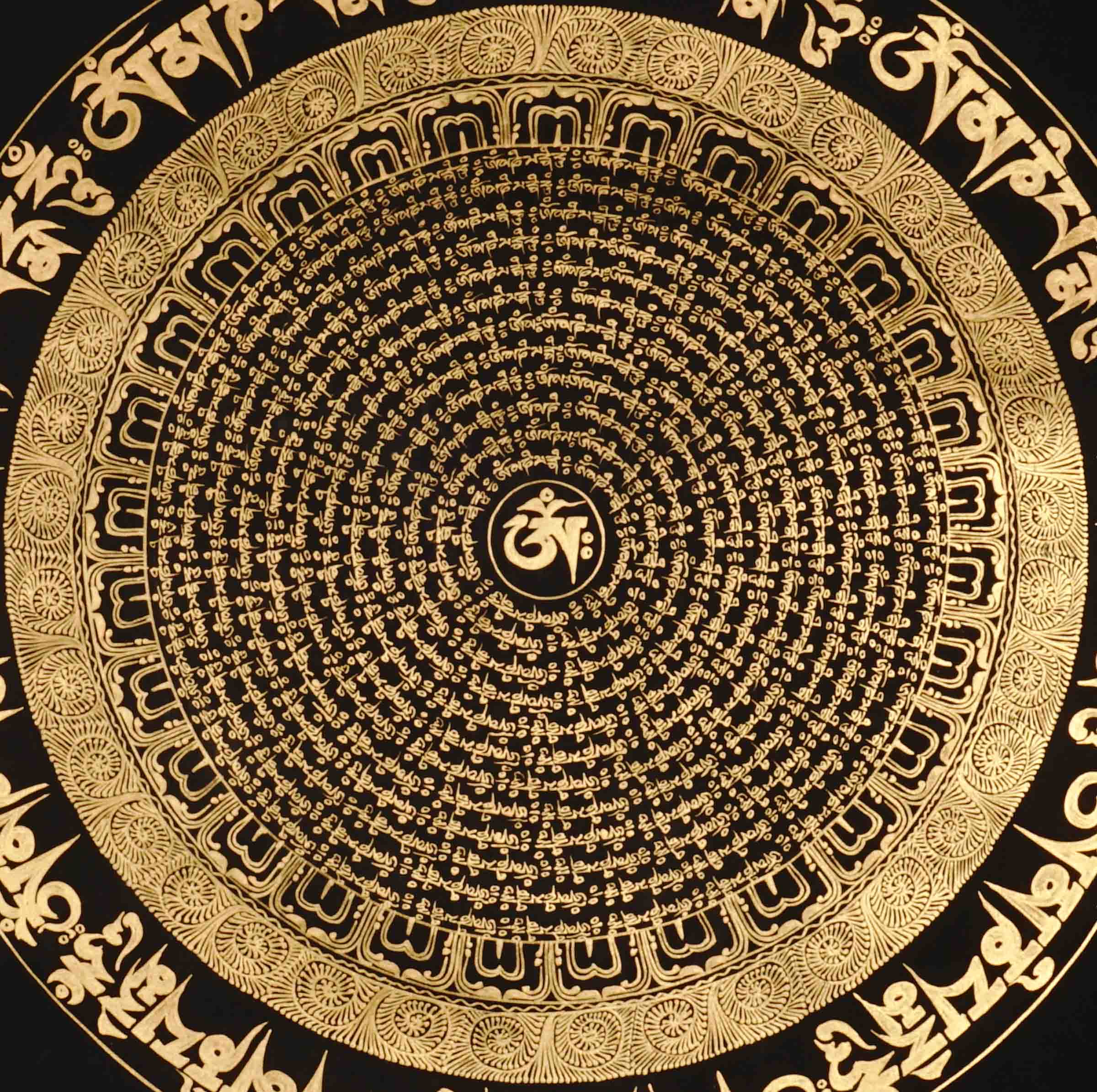 Om Mandala Thangka with Tibetan Aum symbol and sacred mantra design on black background.