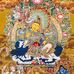 Five Singh Zambhala thangka with Yellow Zambhala riding snow lion on golden background