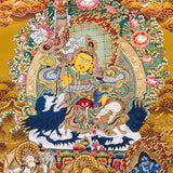 Five Singh Zambhala thangka with Yellow Zambhala riding snow lion on golden background