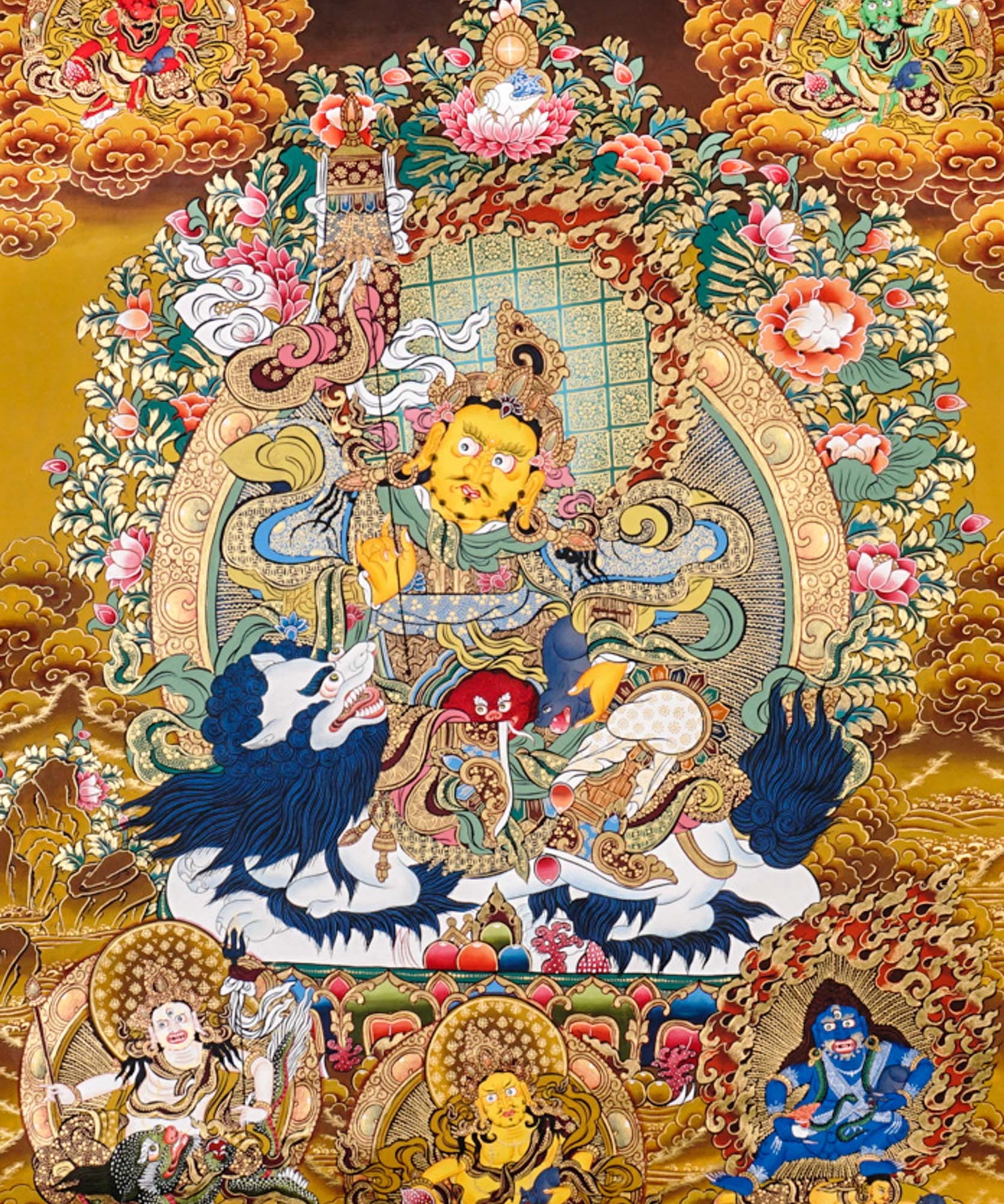 Five Singh Zambhala thangka with Yellow Zambhala riding snow lion on golden background