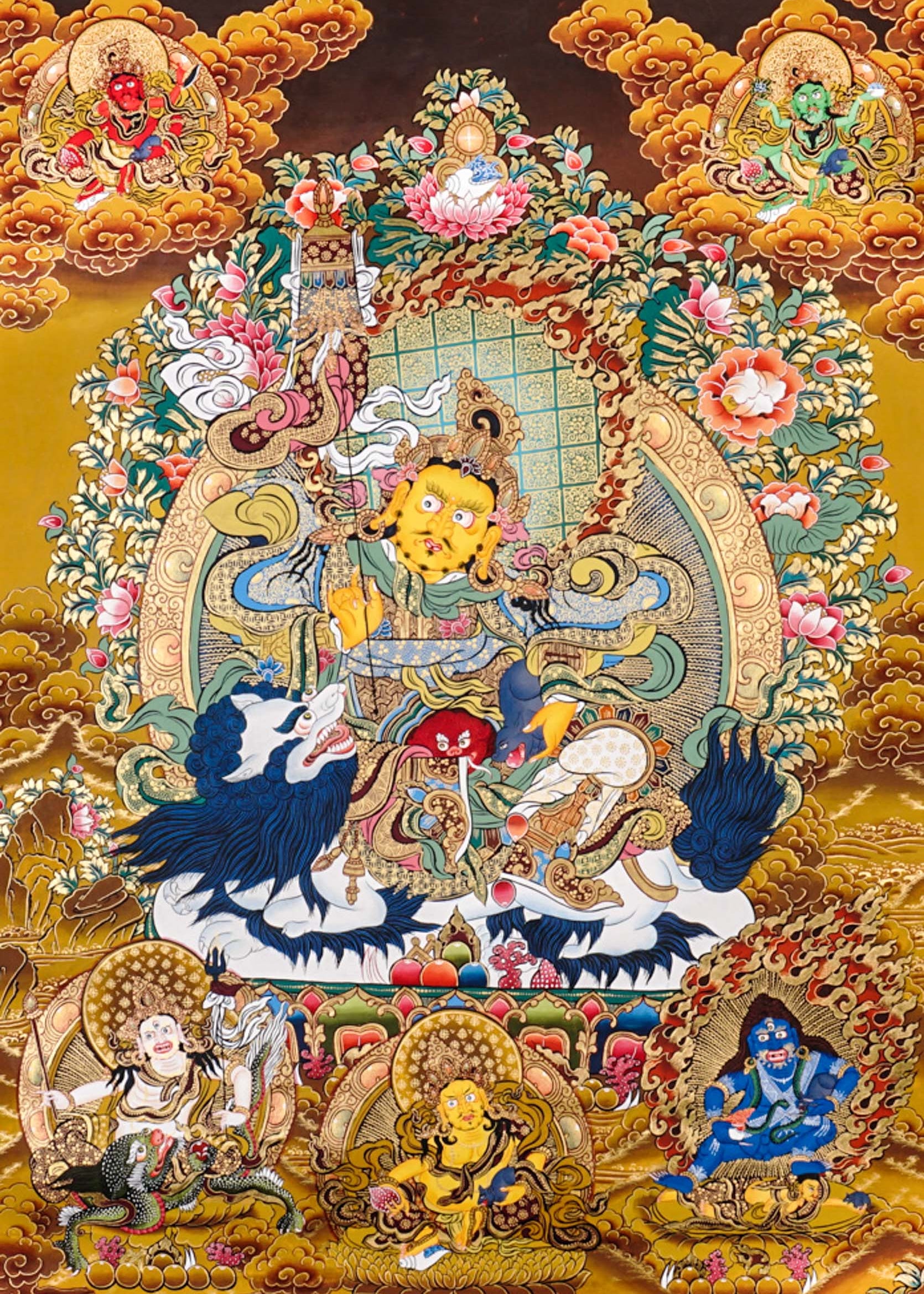 Five Singh Zambhala thangka with Yellow Zambhala riding snow lion on golden background