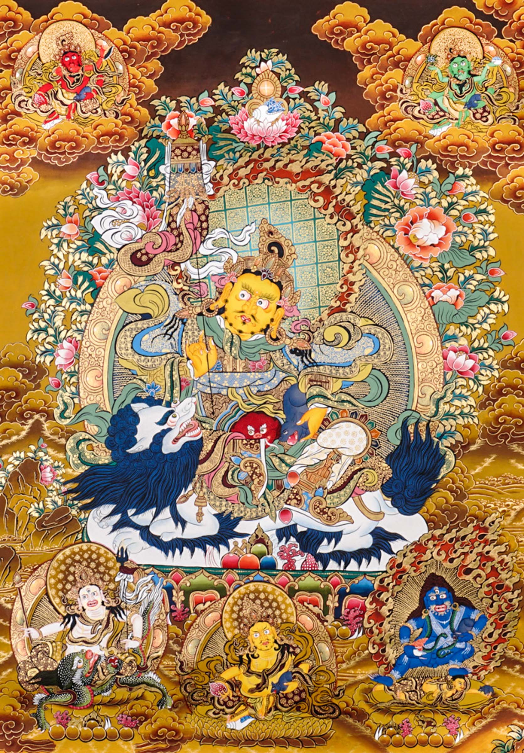 Five Singh Zambhala thangka with Yellow Zambhala riding snow lion on golden background
