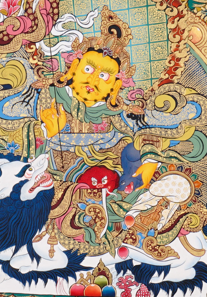 Five Singh Zambhala thangka with Yellow Zambhala riding snow lion on golden background