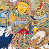 Five Singh Zambhala thangka with Yellow Zambhala riding snow lion on golden background