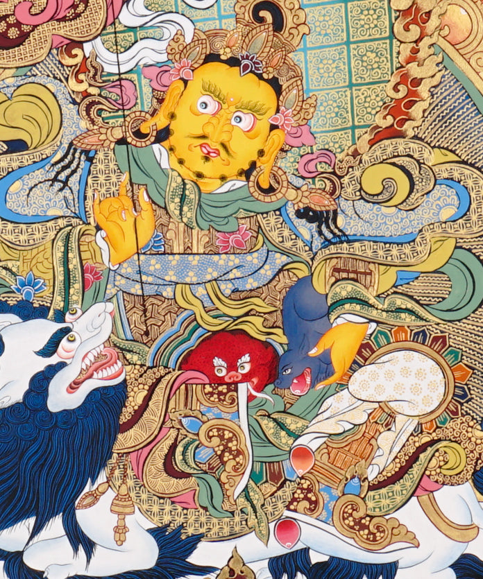 Five Singh Zambhala thangka with Yellow Zambhala riding snow lion on golden background