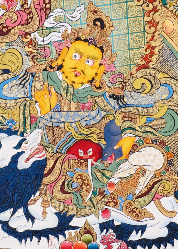 Five Singh Zambhala thangka with Yellow Zambhala riding snow lion on golden background