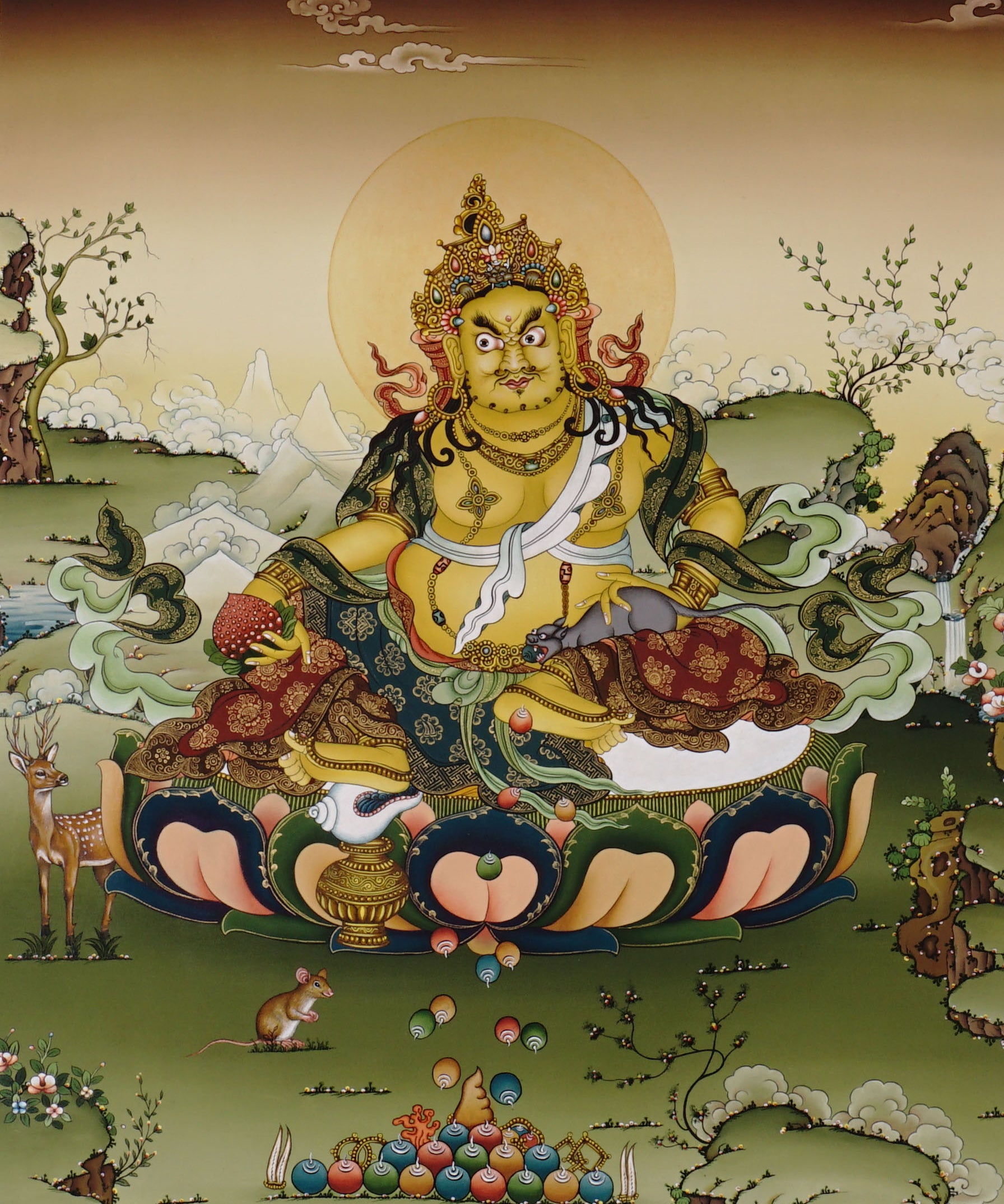Zambala thangka painting Tibetan wealth deity seated with jewels and offerings in detailed traditional landscape