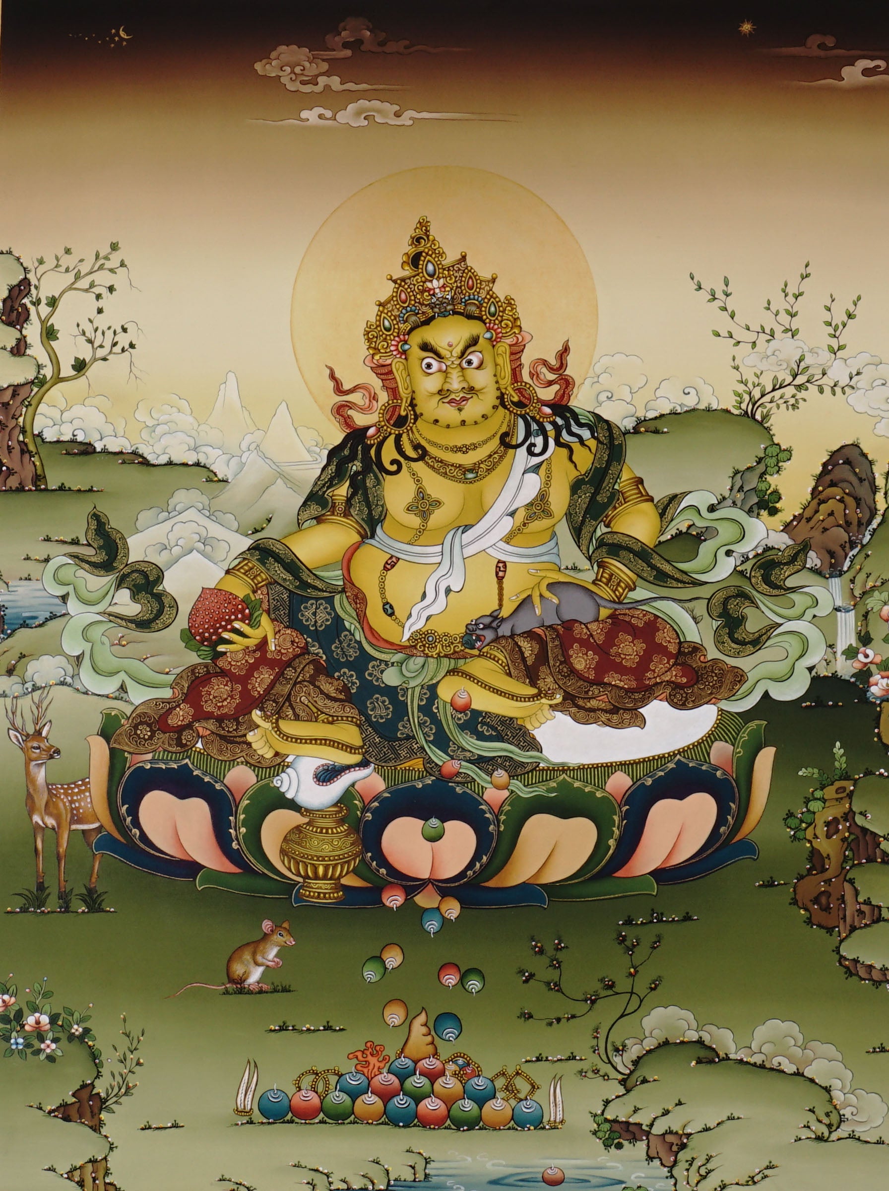 Zambala thangka painting Tibetan wealth deity seated with jewels and offerings in detailed traditional landscape