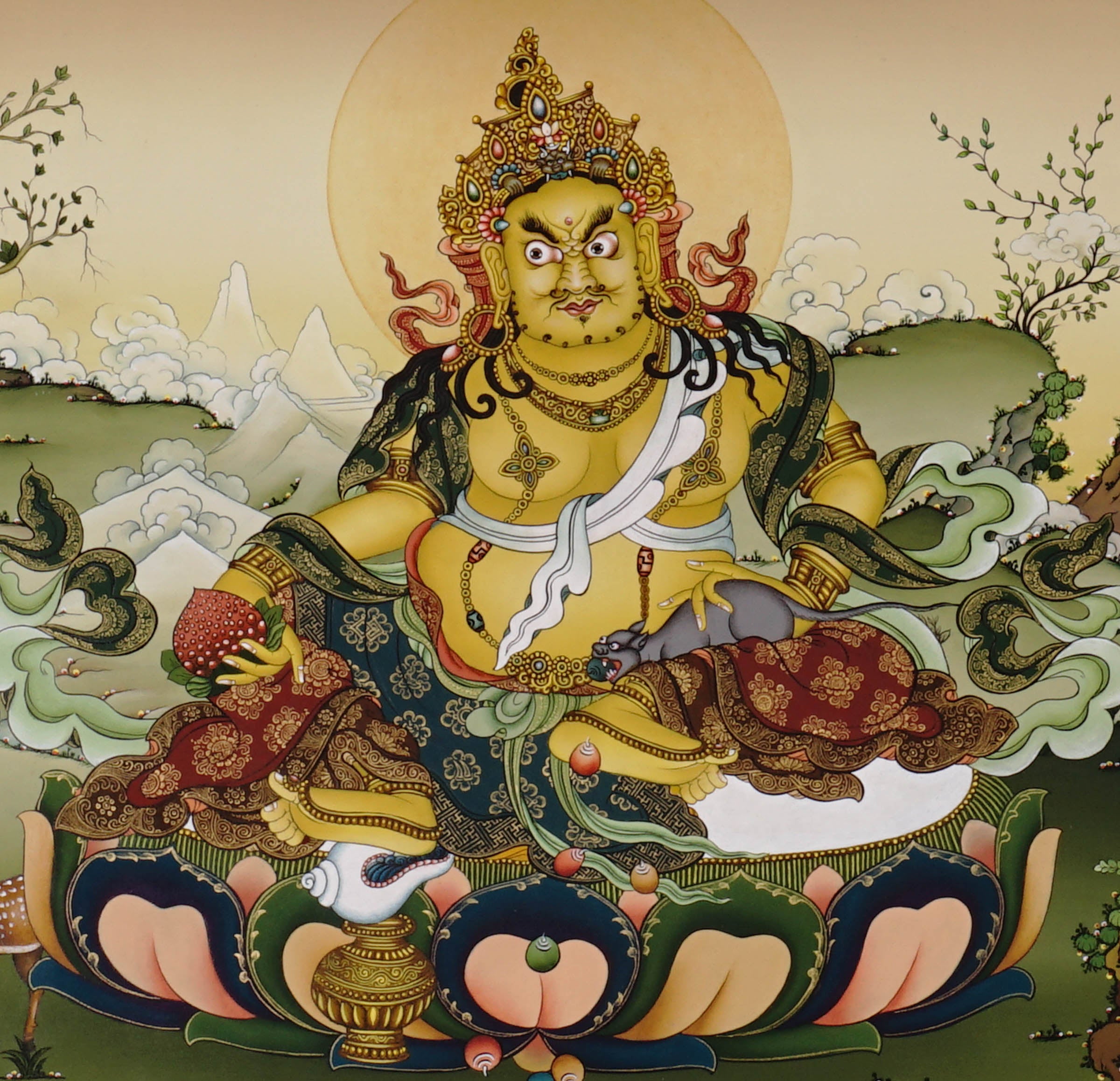 Zambala thangka painting Tibetan wealth deity seated with jewels and offerings in detailed traditional landscape