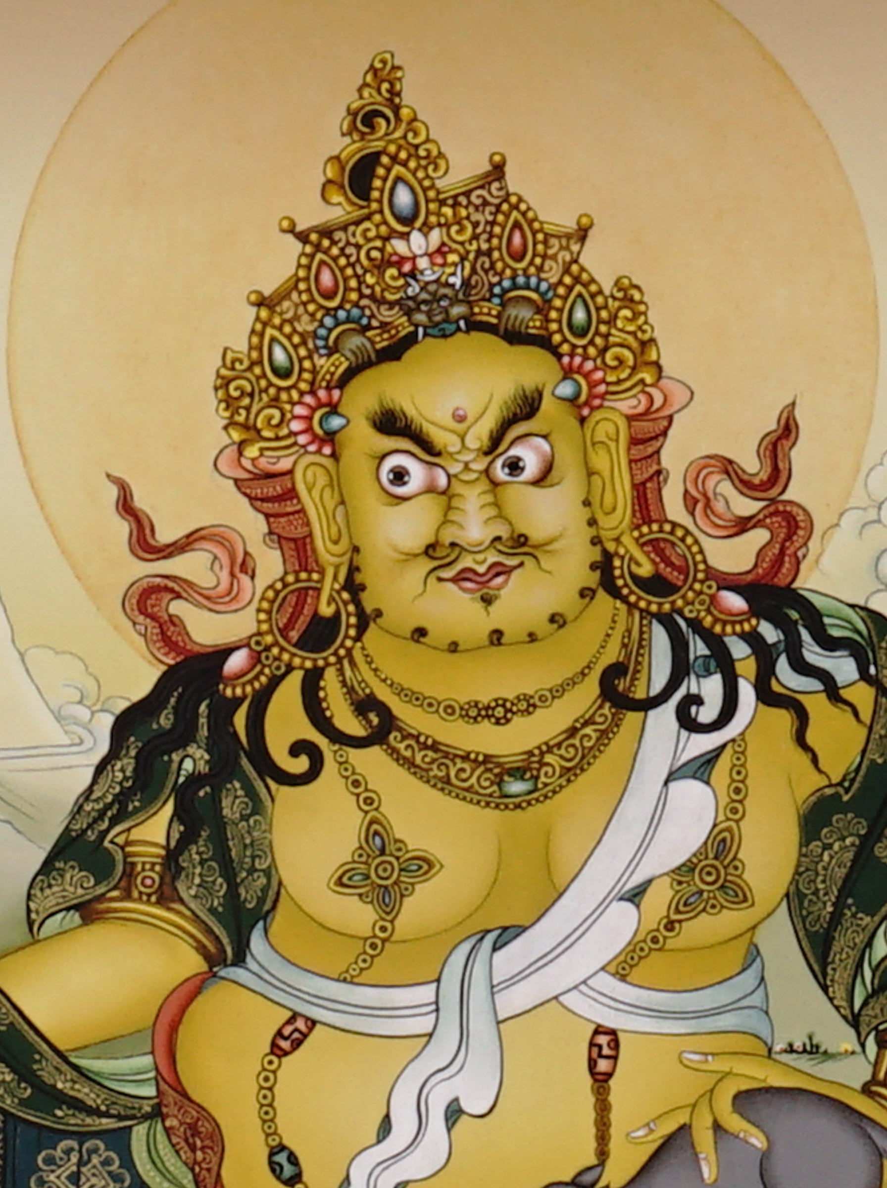 Zambala thangka painting Tibetan wealth deity seated with jewels and offerings in detailed traditional landscape