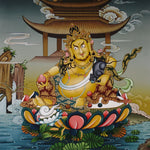 Yellow Zambala thangka painting Tibetan wealth deity seated on lotus with mongoose and jewels in detailed landscape
