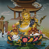 Yellow Zambala thangka painting Tibetan wealth deity seated on lotus with mongoose and jewels in detailed landscape