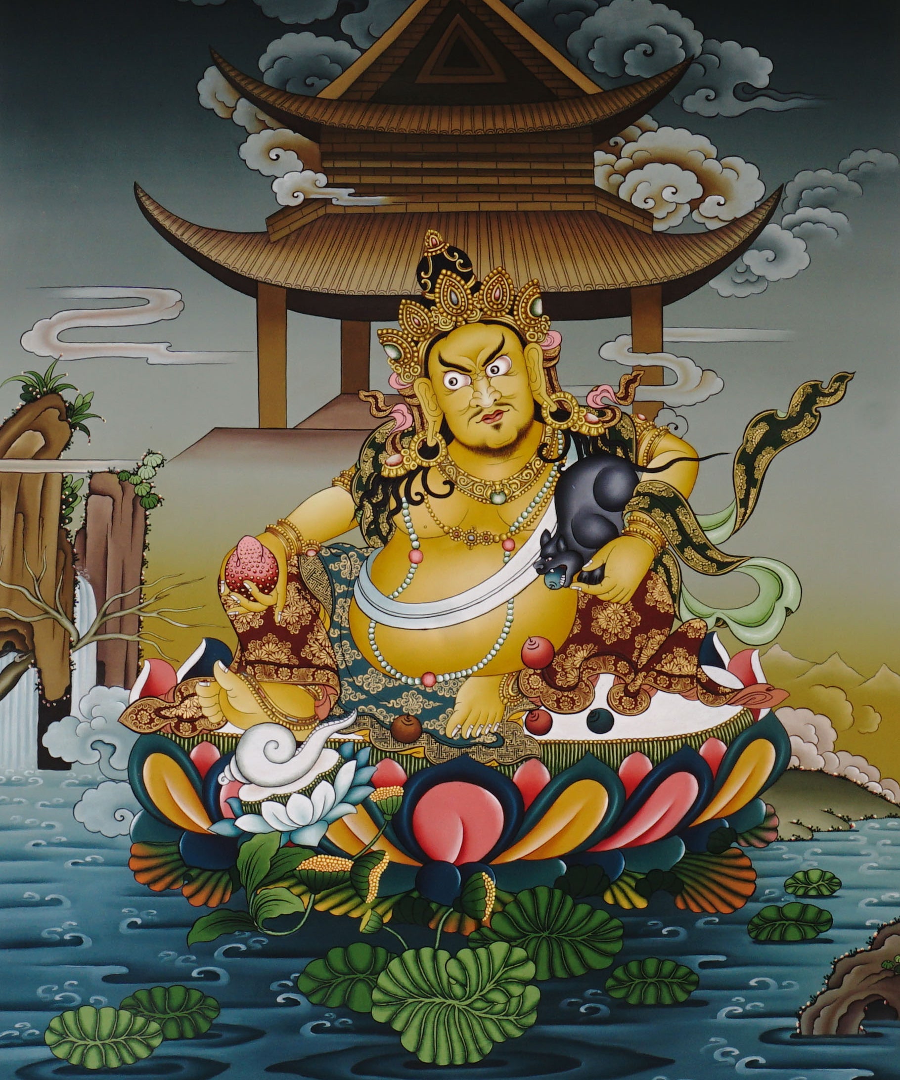 Yellow Zambala thangka painting Tibetan wealth deity seated on lotus with mongoose and jewels in detailed landscape